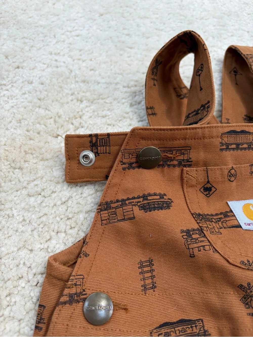 Carhartt Size 12 Months Brown Train Railroad Crossing Canvas Bib Overalls